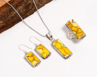 Honey Dahlia Turquoise Oxidized Sterling Silver Ring Earring Pendant Jewelry Set, Yellow Turquoise Gemstone