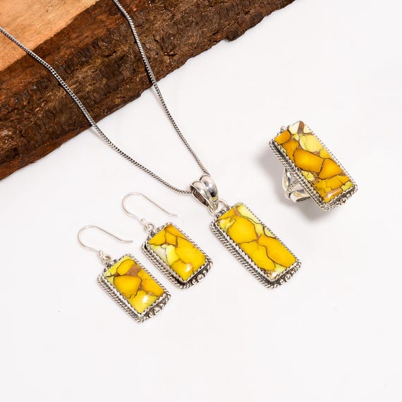 Honey Dahlia Turquoise Oxidized Sterling Silver Ring Earring Pendant Jewelry Set, Yellow Turquoise Gemstone