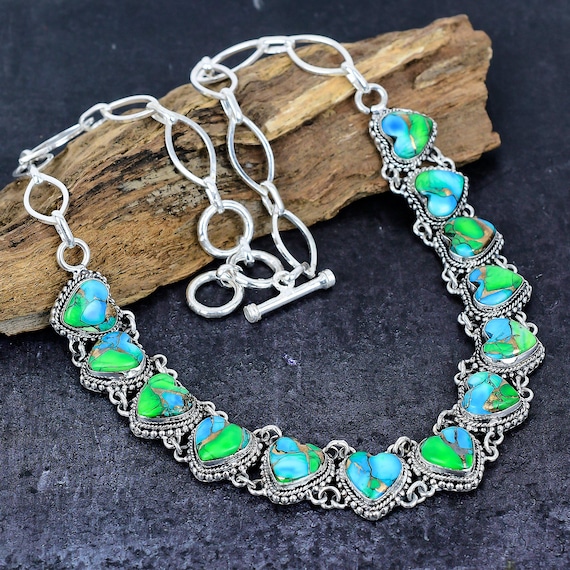 Peacock Green Turquoise Heart Necklace – Multicolor Gemstone Boho Silver Jewelry