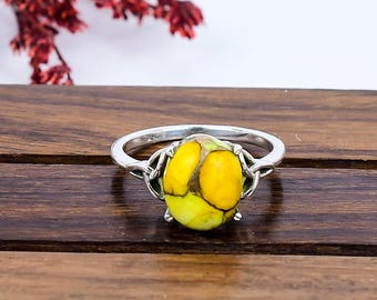 Honey Dahlia Turquoise Ring, Sterling Silver Solitaire Jewelry, Natural Yellow Rose Gemstone