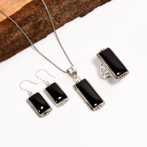 Anello e orecchino con pendente in argento sterling con onice nero, set di gioielli vintage fatti a mano