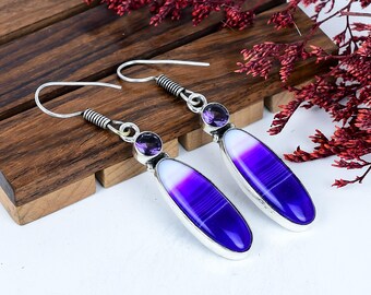 Blauer Achat mit Amethyst Sterling Silber baumeln Ohrringe Schmuck Geschenk für Mama