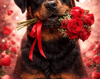 Rottweiler Valentine Art Print | Dog with Roses (Digital Download