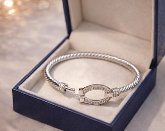 925 Sterling Silver Horseshoe Bangle with Sparkling Stones – Lucky Charm Bracelet – Gift for Her