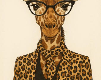 Stylish Giraffe Wall Art Printable – Fashion Animal Illustration – Leopard Print Giraffe – Modern Chic Home Decor – Digital Download