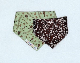 Reversible Dog Bandanna Scrunchie Green Brown Cowboy Western Paisley YOU PICK