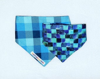 Reversible Dog Bandanna Scrunchie Blue Plaid Check Gingham Mosaic Tile YOU PICK