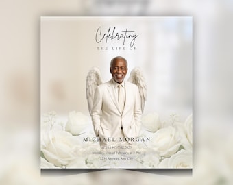 Angel Wings Funeral Program Template | White Floral Obituary (Editable Canva)