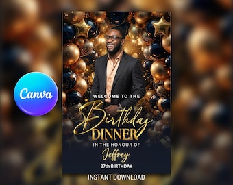Black & Gold Birthday Dinner Invitation | Elegant Mens Invite, Canva Template (Instant Download)