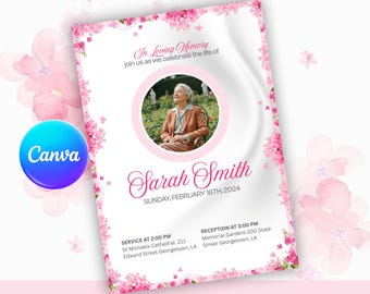 Pink Floral Memorial Flyer, Celebration of Life Canva Template (Digital Download)