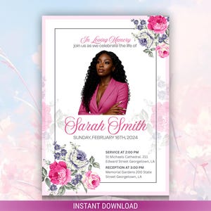 May include: A memorial card with a portrait of a woman in a pink blazer, surrounded by floral arrangements in pink, white, and purple. The card includes the text "In Loving Memory" and details for a service and reception.