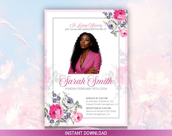 Pink Floral Funeral Program Template | Memorial Service Program | Editable Obituary Template | Instant Download