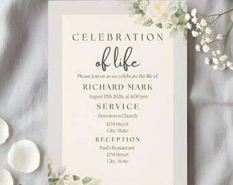Floral Celebration of Life Invitation Template, Memorial Service Invite (Editable Canva)