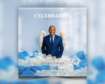 Blue Celebration of Life Template | Funeral Program, Angel Wings (Editable Canva Template)