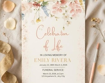 Floral Celebration of Life Program Template, Funeral Obituary Memorial Flyer (Canva Download)