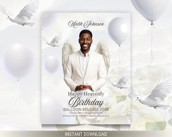 Heavenly Birthday Flyer, Angel Wings, Balloon Release (Digital Download)