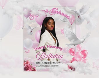 Pink Heavenly Birthday Memorial Flyer | Balloon Release Template (Digital Download)