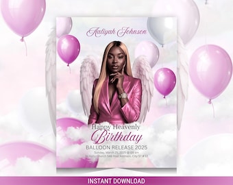 Angel Wings Birthday Memorial Flyer, Pink Balloons (Editable, Digital Download)