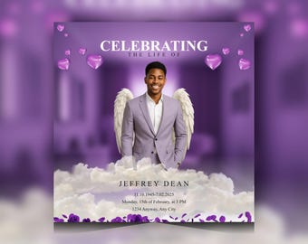 Purple Celebration of Life Program | Angel Wings Funeral Flyer (Canva)