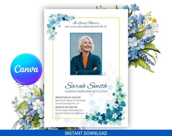 Blue Floral Memorial Flyer, Celebration of Life Template (Canva, Digital Download)