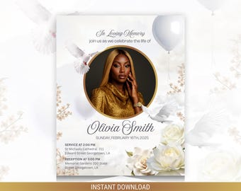 Gold Floral Memorial Flyer Template, Celebration of Life (Digital Download)