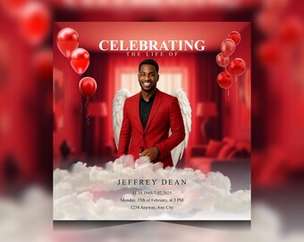 Red Celebration of Life Template | Angel Wings Funeral Program (Canva Editable)