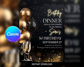 50th Birthday Dinner Invitation, Gold Balloons (Digital Download)