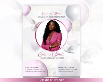 Pink Memorial Flyer Template, Celebration of Life (Digital Download)