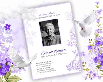Purple Floral Memorial Flyer Template, Celebration of Life (Digital Download)