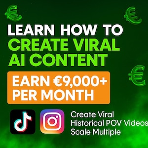 Puede incluir: Un gráfico verde y blanco que promociona la creación de contenido de IA. El texto dice "APRENDE A CREAR CONTENIDO VIRAL DE IA" y "GANA €9.000+ AL MES". Incluye iconos de redes sociales para TikTok e Instagram, y el texto "Crea vídeos POV históricos virales y escala múltiples".
