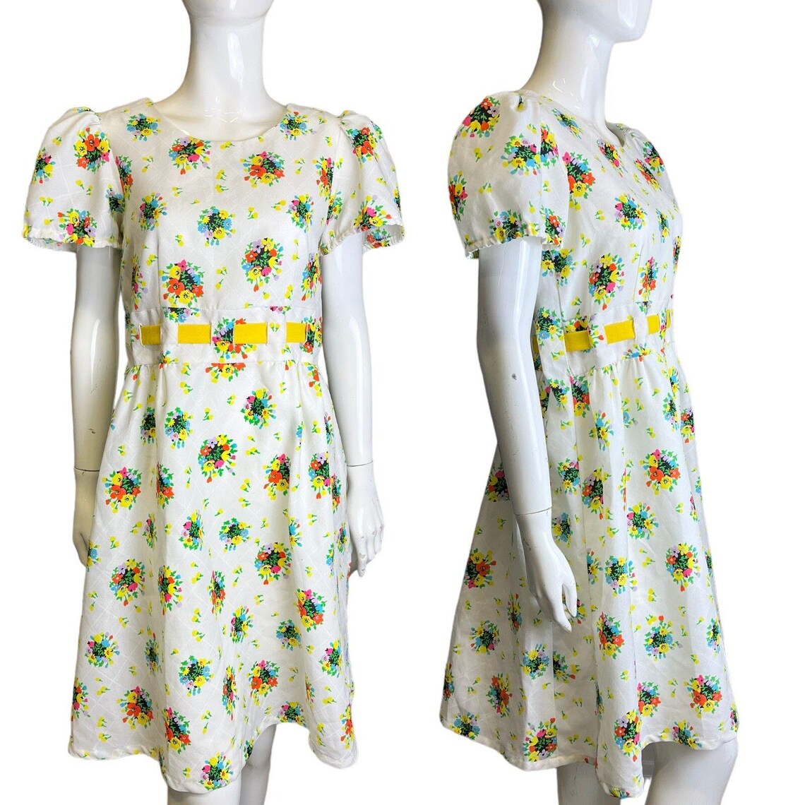 Vintage Dress 60's 70's 10 12 Bright Floral Tie Back Dress Cottagecore Twee, photo 1 of 5