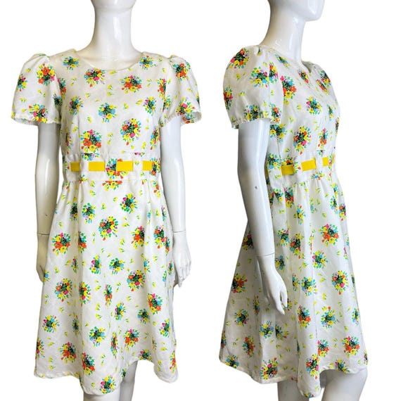 Vintage Dress 60's 70's 10 12 Bright Floral Tie Back Dress Cottagecore Twee