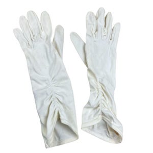 VINTAGE BRI NYLON Kvällshandskar M 7 Dam Elastiska Opera Långa Krämfärgade