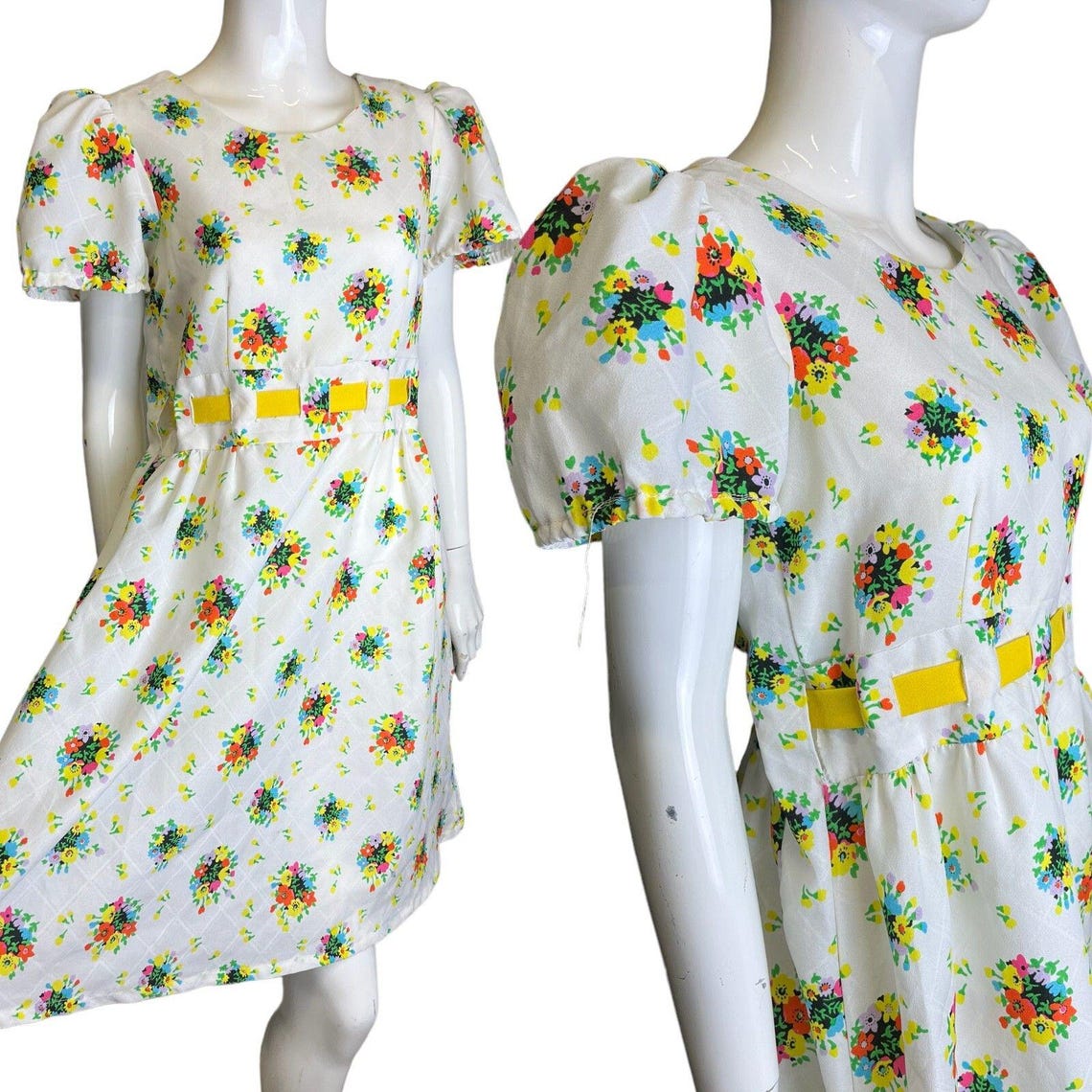 Vintage Dress 60's 70's 10 12 Bright Floral Tie Back Dress Cottagecore Twee, photo 3 of 5