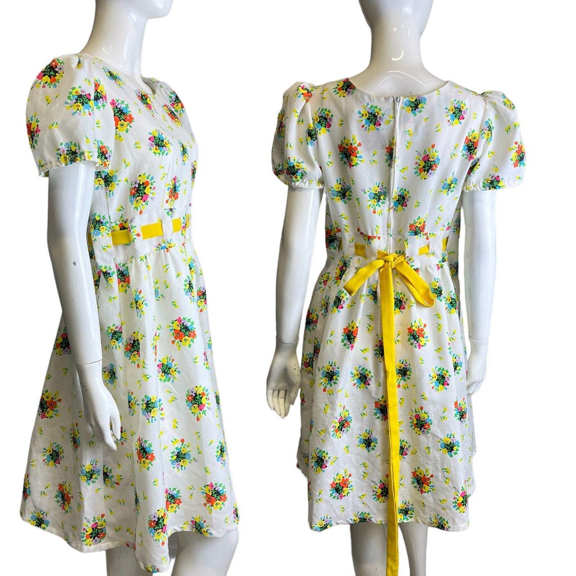 Vintage Dress 60's 70's 10 12 Bright Floral Tie Back Dress Cottagecore Twee, photo 4 of 5