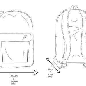 Puede incluir: Dibujo lineal de una mochila, que muestra las vistas frontal y posterior con dimensiones. La mochila mide 40 cm de alto, 27,5 cm de ancho y 11 cm de profundidad. Una versi&oacute;n m&aacute;s peque&ntilde;a mide 28 cm de alto y 19,5 cm de ancho.