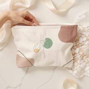 Corduroy Makeup Bag | Minimalist Aesthetic Cosmetic Pouch | Morandi Abstract Travel Toiletry Organizer | Earth Tone Zipper Pouch