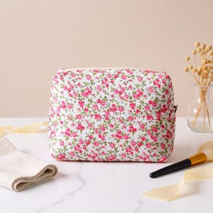 Floral Quilted Makeup Bag | Puffy Cosmetic Pouch | Flower Travel Toiletry Organizer Bag for Women | Aesthetic Vanity Case