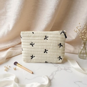 Cute Quilted Makeup Bag with Bow Embroidery | Aesthetic Cosmetic Travel Toiletry Pouch | Large Capacity Zipper Organizer