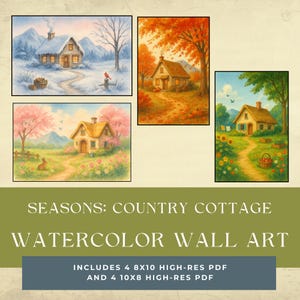 Country Cottage Cottagecore Prints: Vintage Storybook Watercolor Art (Set of 4 Digital Downloads)