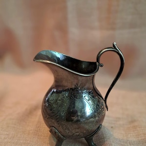 Vintage Silver-Plated Creamer Jug on Three Feet – Engraved Floral Design – Shabby Chic Table Decor