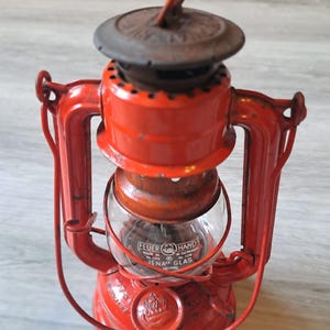 Vintage Feuerhand Super Baby No.175 Red Lantern with Original Jena Glass – German Kerosene Oil Storm Lamp