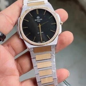 Hislon Men&#39;s moissanite diamond Watch Ultra Slim Sapphire Glass Gold Black Dial New Collection