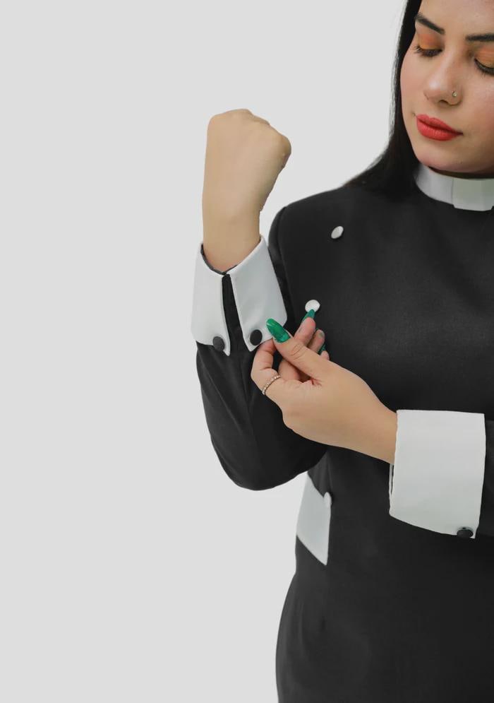 women's clergy dress black with black designer buttons Womens Clergy Dress Black with Red Designer Buttons