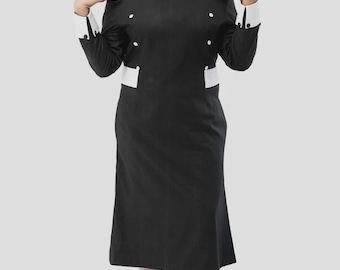 women's clergy dress black with white designer buttons Women's Clergy Dress Black White Designer Buttons