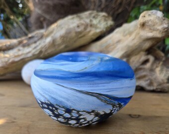 Hand Blown Blue Art Glass Closed Pebble Bowl | Coastal Ocean Inspired Studio Glass Sculpture | One of a Kind by Lesley Ann Clarke