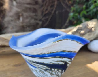 Hand Blown Cornish Seas Flared Art Glass Bowl | One of a Kind Coastal Studio Glass Centrepiece | Lesley Ann Clarke