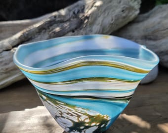 Hand Blown Wylde Green Flared Art Glass Bowl | One of a Kind Studio Glass Centrepiece | Coastal Glass by Lesley Ann Clarke