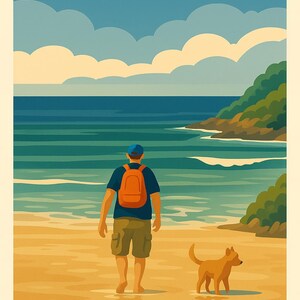 May include: A stylized illustration of St Ives Bay. A person with a backpack and a dog walk on the beach towards the ocean. The words "ST IVES BAY" are at the top of the image. The image is in shades of blue, green, and tan.