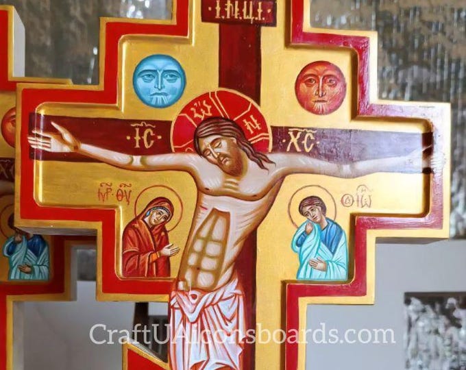 Hand Painted Acrylic Crucifix, Icon of Christ on the Cross, 42.5x25cm (16.7x9.8"), Orthodox Wall Cross, Handcrafted Home Altar, Linden Wood